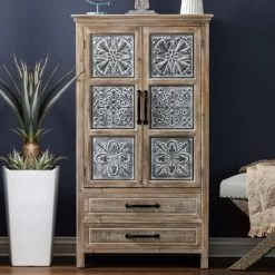LuxenHome Farmhouse Wood And Metal 2-Drawer 2-Door Storage Cabinet.