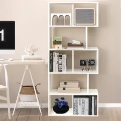 Costway 63'' Wooden 5-Tier Geometric Bookshelf S-shaped Display Shelf Stand Room Divider White -Luxe Living Interiors Shop GUEST 13a4b277 53ab 4b19 ab4f ae7518a80011