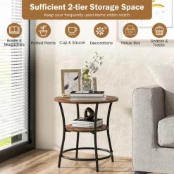 Tangkula 2-Tier Side Table Compact Round Metal Frame Coffee Table W/ Open Shelf Brown -Luxe Living Interiors Shop GUEST 1607cc5c e024 43b3 a039 517d5a719a5f
