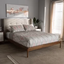 Brooklyn Mid Century Modern Walnut Wood Fabric Upholstered Platform Bed Beige - Baxton Studio -Luxe Living Interiors Shop GUEST 17aa2621 1306 4148 b467 64c966c9216b