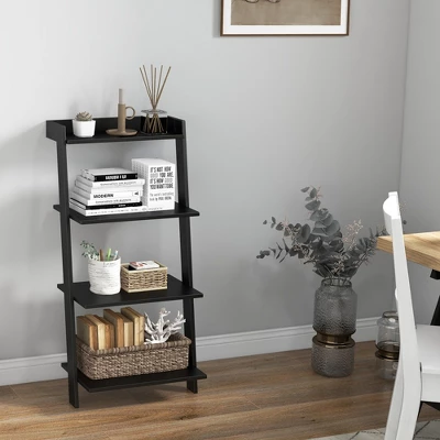 Costway 4-Tier Ladder Shelf Leaning Bookshelf WithAnti-falling Baffle Wood Bookcase Black/White 3 Costway 4-Tier Ladder Shelf Leaning Bookshelf WithAnti-falling Baffle Wood Bookcase Black/White