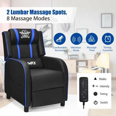 Tangkula PU Leather Gaming Recliner Chair Single Massage Lounge Sofa W/ Lumbar Cushion Blue 6 Tangkula PU Leather Gaming Recliner Chair Single Massage Lounge Sofa W/ Lumbar Cushion Blue - Image 4