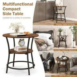 Tangkula 2-Tier Side Table Compact Round Metal Frame Coffee Table W/ Open Shelf Brown -Luxe Living Interiors Shop GUEST 1b9bcef0 db2e 42b8 a7f0 b0622c573401