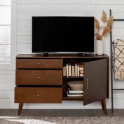 Mid-Century Modern With Closed Storage TV Stand For TVs Up To 58" Walnut - Saracina Home -Luxe Living Interiors Shop GUEST 272c04f3 ea07 453c 9824 8666892ac8d7