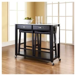 Stainless Steel Top Kitchen Cart/Island - Black With 24" Black Upholstered Saddle Stools - Crosley -Luxe Living Interiors Shop GUEST 349ec9ef c9cc 4e3e 82ce cc98247cfa7a