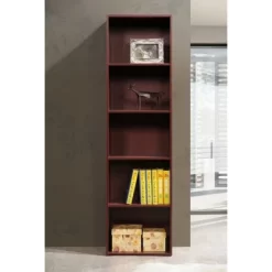 Hodedah Import 12 D X 16 W X 60 H Inch 5 Shelf Bookcase Storage Organizer Solution For Living Room, Bedroom, Or Office, Mahogany Wood Finish