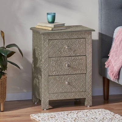 Deschutes Handcrafted Boho 3 Drawer Nightstand Silver - Christopher Knight Home 3 Deschutes Handcrafted Boho 3 Drawer Nightstand Silver - Christopher Knight Home