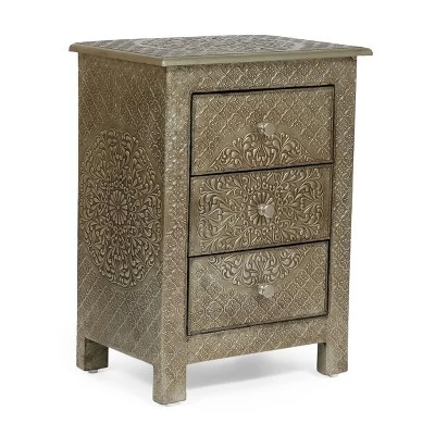 Deschutes Handcrafted Boho 3 Drawer Nightstand Silver - Christopher Knight Home 6 Deschutes Handcrafted Boho 3 Drawer Nightstand Silver - Christopher Knight Home - Image 4