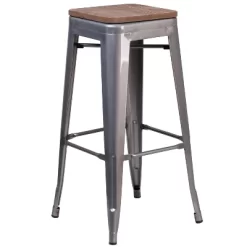 Merrick Lane Clear Coated Gray Metal Bar Counter Stool With Textured Walnut Elm Wood Seat -Luxe Living Interiors Shop GUEST 49b3133e 33e9 45c9 8b0d 9d562fb35960