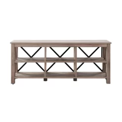 58" Open Back TV Stand In Gray Oak Wood With Metal Black Accents - Henn&Hart -Luxe Living Interiors Shop GUEST 4c6435c2 daf0 48f0 aa62 e42d53c4237b