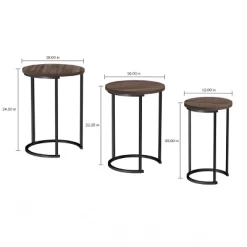 Hastings Home Round End Tables With Woodgrain-Look And Black Metal Base, Gray/Brown, Set Of 3