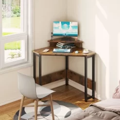 ODK Modern Wooden Triangle Corner Fit Computer Workstation Desk With Durable Steel Frame And Raised Monitor Stand -Luxe Living Interiors Shop GUEST 52cccdd2 b4b2 4a06 81d7 cb40aa985345