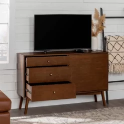 Mid-Century Modern With Closed Storage TV Stand For TVs Up To 58" Walnut - Saracina Home -Luxe Living Interiors Shop GUEST 54c83906 77ba 4118 b803 113db40fdb4a