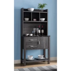 FC Design Two-Toned Baker's Rack Kitchen Utility Storage Cabinet With Drawers, Cabinet, And Black Faux Marble Top In Distressed Grey Finish