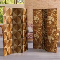 6" Double Sided Wood Inlay Pattern Canvas Room Divider Brown - Oriental Furniture -Luxe Living Interiors Shop GUEST 59618970 c7f0 460e 9dca 78e9a258ab03