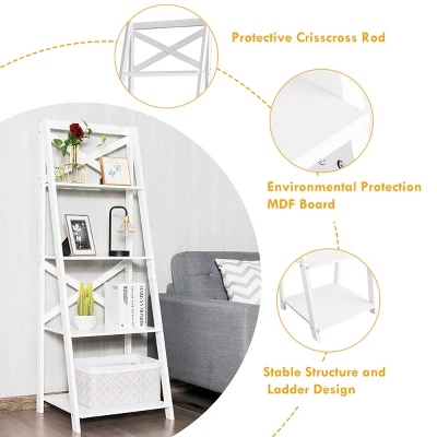 Costway 4-Tier Ladder Shelf Bookshelf Bookcase Storage Display Plant Leaning Shelf White 11 Costway 4-Tier Ladder Shelf Bookshelf Bookcase Storage Display Plant Leaning Shelf White - Image 9