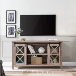 58" Modern Farmhouse TV Stand In Gray Oak Wood - Henn&Hart -Luxe Living Interiors Shop GUEST 5f2c08b3 1369 4894 be86 1cebca756103