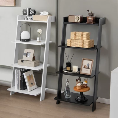 Costway 4-Tier Ladder Shelf Leaning Bookshelf WithAnti-falling Baffle Wood Bookcase Black/White 6 Costway 4-Tier Ladder Shelf Leaning Bookshelf WithAnti-falling Baffle Wood Bookcase Black/White - Image 4
