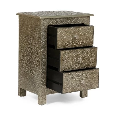Deschutes Handcrafted Boho 3 Drawer Nightstand Silver - Christopher Knight Home 4 Deschutes Handcrafted Boho 3 Drawer Nightstand Silver - Christopher Knight Home - Image 2