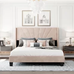 Queen Size Velvet Upholstered Platform Bed, Box Spring Required - ModernLuxe