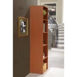Hodedah Import 12 D X 16 W X 60 H Inch 5 Shelf Bookcase Storage Organizer Solution For Living Room, Bedroom, Or Office, Cherry Wood Finish -Luxe Living Interiors Shop GUEST 6ef8d6e1 8f55 4ba7 a8a0 36b42414a90f