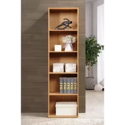 Hodedah Import 12 D X 16 W X 60 H Inch 5 Shelf Bookcase Storage Organizer Solution For Living Room, Bedroom, Or Office, Beech Wood Finish -Luxe Living Interiors Shop GUEST 7252a95c 519e 4235 a86f 832aa258625e