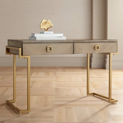 Coast To Coast Accents Wheaton Modern Ash Wood Rectangular Writing Desk 49 1/2" X 23" With 2-Drawer Brown Gold Metal Legs For Living Room Bedroom Home 3 Coast To Coast Accents Wheaton Modern Ash Wood Rectangular Writing Desk 49 1/2" X 23" With 2-Drawer Brown Gold Metal Legs For Living Room Bedroom Home
