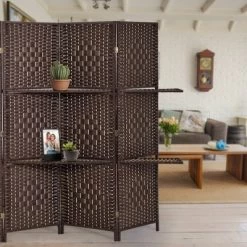 4 Panel Paper Straw Weave Screen With 63" L Shelving - Ore International -Luxe Living Interiors Shop GUEST 736b4378 7de0 4fb6 9803 a8c157da894e