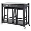 Stainless Steel Top Kitchen Cart/Island - Black With 24" Black Upholstered Saddle Stools - Crosley