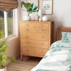 Myandra Solid Maple Wood 5 Drawer Chest Oak - Furniture Of America