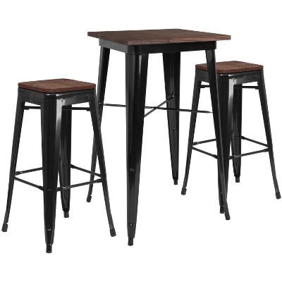 Flash Furniture 23.5" Square Metal Bar Table Set With Wood Top And 2 Backless Stools 5 Flash Furniture 23.5" Square Metal Bar Table Set With Wood Top And 2 Backless Stools - Image 3