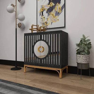 Art Deco Contemporary Mirrored Wood Cabinet Black - Olivia & May 12 Art Deco Contemporary Mirrored Wood Cabinet Black - Olivia & May - Image 10