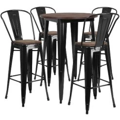 Flash Furniture 30" Round Metal Bar Table Set With Wood Top And 4 Stools