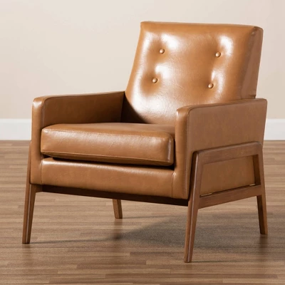 Perris Mid-Century Faux Leather Upholstered Wood Lounge Chair Walnut/Brown - Baxton Studio 9 Perris Mid-Century Faux Leather Upholstered Wood Lounge Chair Walnut/Brown - Baxton Studio - Image 7