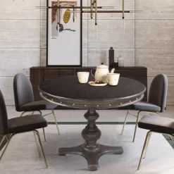 42" Handcrafted Round Mango Wood Dining Table With Subtle Rivet Accents And Turned Pedestal Base Brown - The Urban Port -Luxe Living Interiors Shop GUEST 95e95cc2 2102 402c bc6d 1e9c79ca40e3