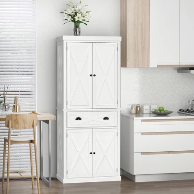 HOMCOM Freestanding Modern Farmhouse 4 Door Kitchen Pantry Cabinet, Storage Cabinet Organizer With 6-Tiers, 1 Drawer And 4 Adjustable Shelves, White 4 HOMCOM Freestanding Modern Farmhouse 4 Door Kitchen Pantry Cabinet, Storage Cabinet Organizer With 6-Tiers, 1 Drawer And 4 Adjustable Shelves, White - Image 2