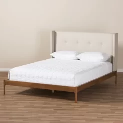 Brooklyn Mid Century Modern Walnut Wood Fabric Upholstered Platform Bed Beige - Baxton Studio -Luxe Living Interiors Shop GUEST 9bbd228e 95b1 4aac a3f6 8016dee1de99