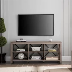 58" Open Back TV Stand In Gray Oak Wood With Metal Black Accents - Henn&Hart -Luxe Living Interiors Shop GUEST a21dbeb8 fbdc 438b 8fc6 ba68c7d1da5e
