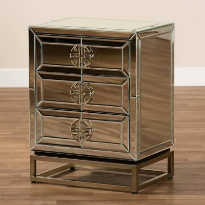 Laken 3 Drawers Mirrored Nightstand - Baxton Studio 8 Laken 3 Drawers Mirrored Nightstand - Baxton Studio - Image 6