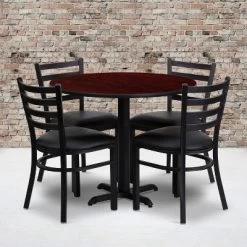 Flash Furniture 36'' Round Mahogany Laminate Table Set With X-Base And 4 Ladder Back Metal Chairs - Black Vinyl Seat