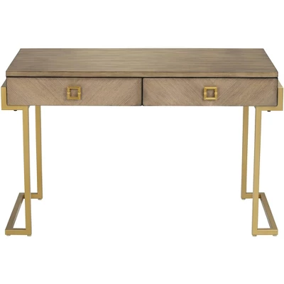 Coast To Coast Accents Wheaton Modern Ash Wood Rectangular Writing Desk 49 1/2" X 23" With 2-Drawer Brown Gold Metal Legs For Living Room Bedroom Home 7 Coast To Coast Accents Wheaton Modern Ash Wood Rectangular Writing Desk 49 1/2" X 23" With 2-Drawer Brown Gold Metal Legs For Living Room Bedroom Home - Image 5