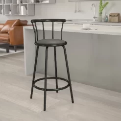 Emma And Oliver Crown Back Black Metal Barstool With Black Vinyl Swivel Seat