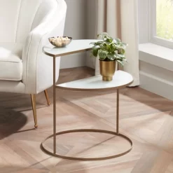 Kensington Hill Modern 2-Tier Half-Moon Gold Accent Side End Table 25" X 22 1/4" White Tempered Glass For Living Room Bedroom Home
