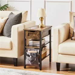 Yaheetech 3-Tier Narrow End Table With Drawer And Flip Top Compartment, Rustic Brown