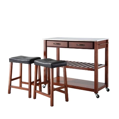 Stainless Steel Top Kitchen Prep Cart With 2 Upholstered Saddle Stools Cherry - Crosley 6 Stainless Steel Top Kitchen Prep Cart With 2 Upholstered Saddle Stools Cherry - Crosley - Image 4