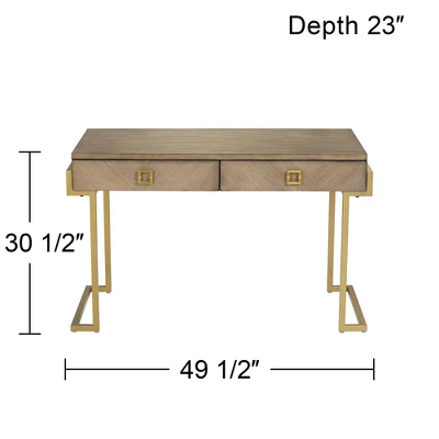 Coast To Coast Accents Wheaton Modern Ash Wood Rectangular Writing Desk 49 1/2" X 23" With 2-Drawer Brown Gold Metal Legs For Living Room Bedroom Home 10 Coast To Coast Accents Wheaton Modern Ash Wood Rectangular Writing Desk 49 1/2" X 23" With 2-Drawer Brown Gold Metal Legs For Living Room Bedroom Home - Image 8
