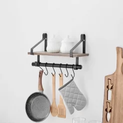 6 Hook Amelia Wall Shelf With Hanging Rod Black/Rustic - Danya B.
