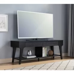 FC Design 60"W Contemporary TV Stand With Two Drawers And Rounded Corners In Black Finish
