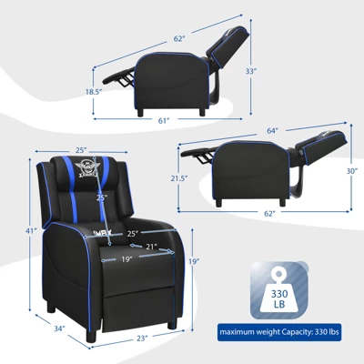 Tangkula PU Leather Gaming Recliner Chair Single Massage Lounge Sofa W/ Lumbar Cushion Blue 5 Tangkula PU Leather Gaming Recliner Chair Single Massage Lounge Sofa W/ Lumbar Cushion Blue - Image 3