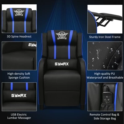 Tangkula PU Leather Gaming Recliner Chair Single Massage Lounge Sofa W/ Lumbar Cushion Blue 8 Tangkula PU Leather Gaming Recliner Chair Single Massage Lounge Sofa W/ Lumbar Cushion Blue - Image 6